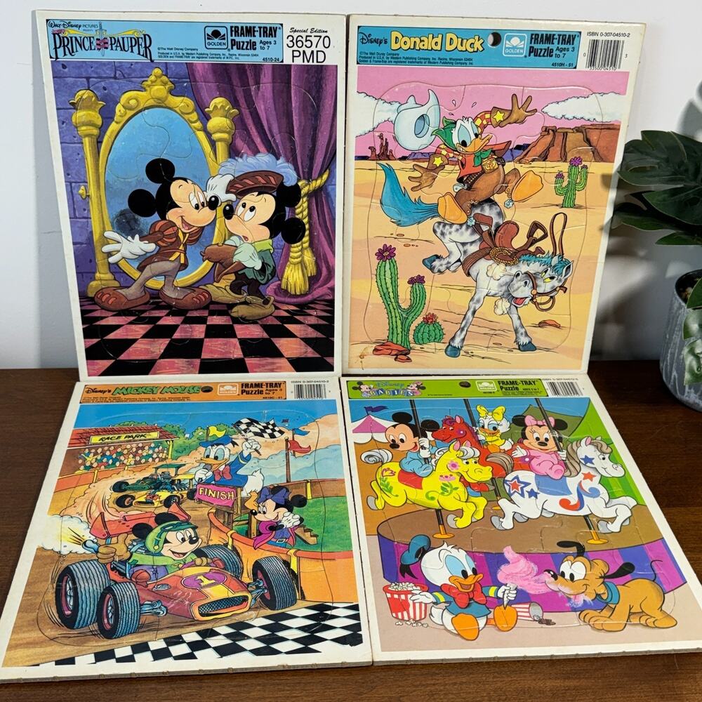 Golden Frame-Tray Puzzles Lot of 4 Disney Mickey Donald Duck Minnie Mouse Pluto